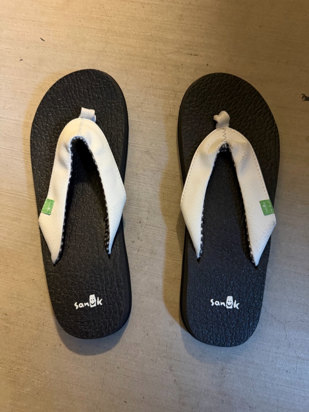 Sanuk Black Footbed Flip Flops with White Straps